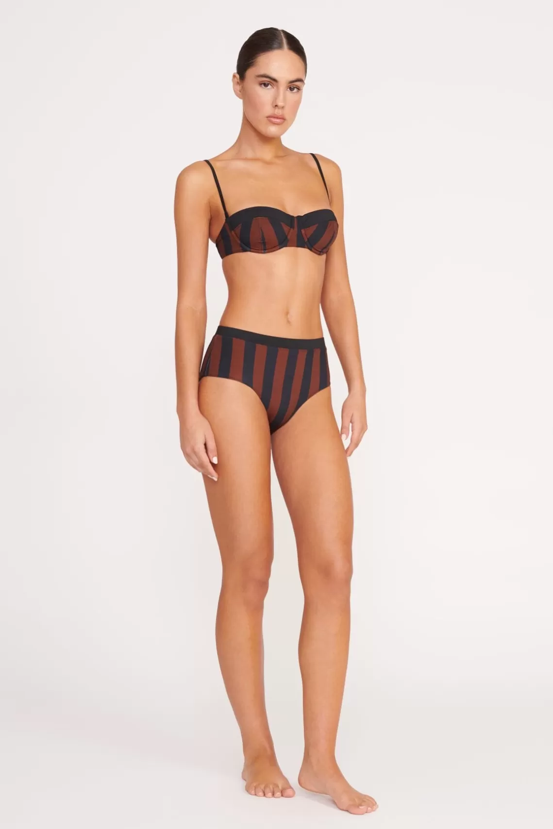 STAUD DEVON HIGH RISE BIKINI BOTTOM  BLACK TAN SEASHORE STRIPE